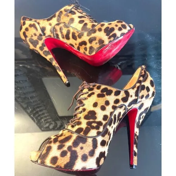 Christian Louboutin Lady Derby 120 Ponyhair Leopard  Fur Bootie Pumps 40/9-9.5