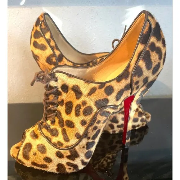 Christian Louboutin Lady Derby 120 Ponyhair Leopard  Fur Bootie Pumps 40/9-9.5