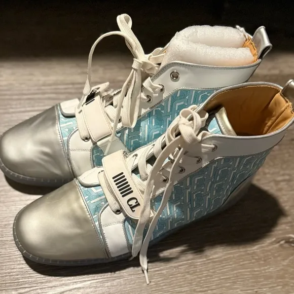 Christian Louboutin Men Blue &amp; silver high tops shoes Sz 12 (46) Good Condition