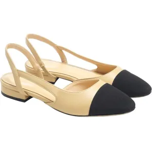 Chunky Heel Slingback Pumps Cap Toe Two Toned Heel Almond Pointy Toe Sandals
