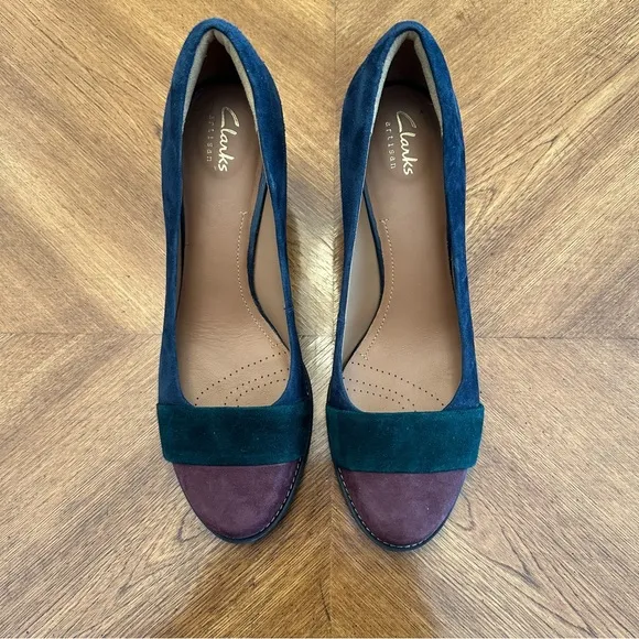 Clarks Artisan Tarah Brae Suede Leather Color Block Pumps, Size 9, Women's Heels