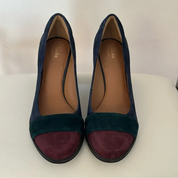 Clarks Artisan Tarah Brae Suede Leather Color Block Pumps, Size 9, Women's Heels