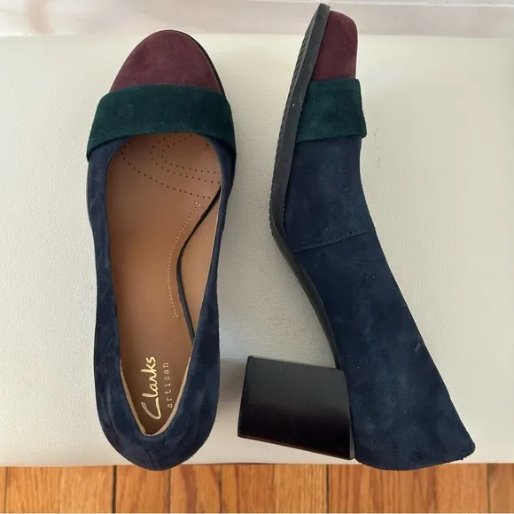 Clarks Artisan Tarah Brae Suede Leather Color Block Pumps, Size 9, Women's Heels