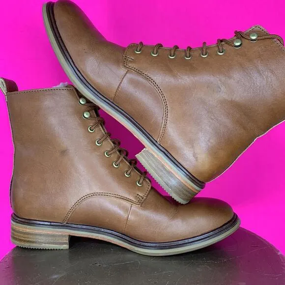 Clarks Clarkdale Cognac Leather Faux Fur Lined Lace-Up Boot Sz 8
