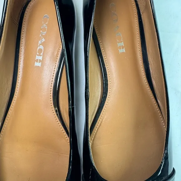 Coach Oswald Black Patent Leather Flats with Gunmetal Bar Accent