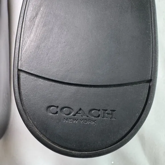 Coach Oswald Black Patent Leather Flats with Gunmetal Bar Accent