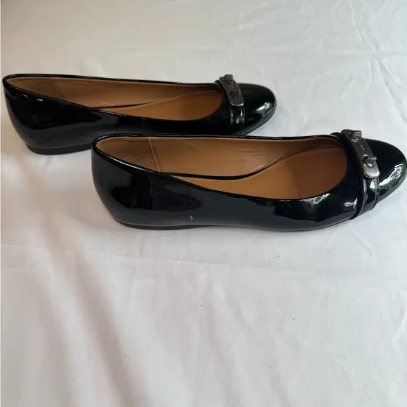 Coach Oswald Black Patent Leather Flats with Gunmetal Bar Accent