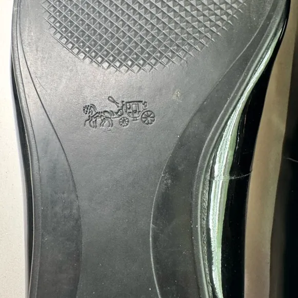 Coach Oswald Black Patent Leather Flats with Gunmetal Bar Accent