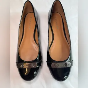 Coach Oswald Black Patent Leather Flats with Gunmetal Bar Accent