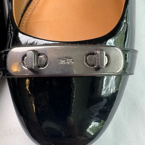 Coach Oswald Black Patent Leather Flats with Gunmetal Bar Accent