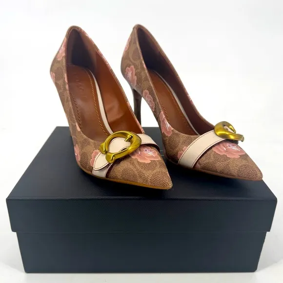 COACH Rare Waverly Signature Buckle Pumps Women's Floral Brown Heels Size 7