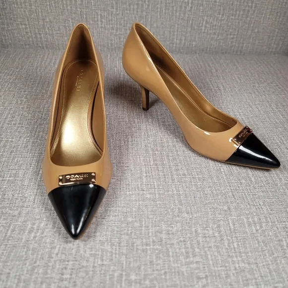 Coach Zan Patent Leather Pumps Tan Black Heels Women's Size 9 Shoes