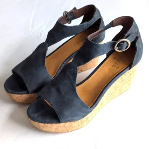 Coclico Women's Cork Wedge Blues Leather Sandals Size 39.5