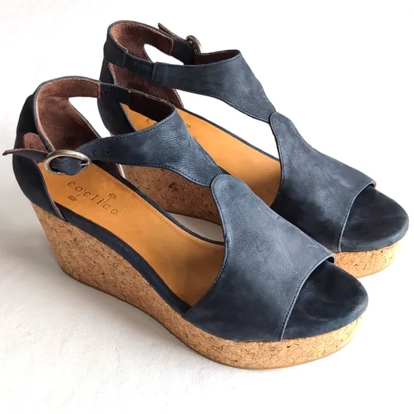 Coclico Women's Cork Wedge Blues Leather Sandals Size 39.5