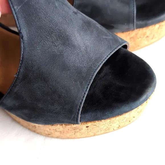 Coclico Women's Cork Wedge Blues Leather Sandals Size 39.5