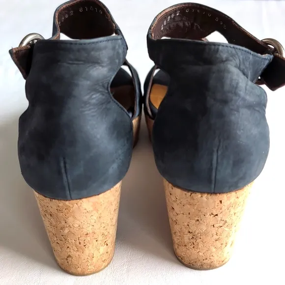 Coclico Women's Cork Wedge Blues Leather Sandals Size 39.5