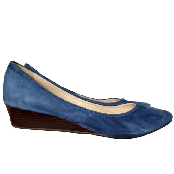 Cole Haan Leather Wedge Shoes Women 8.5 Blue Suede Loafer Slip On Cushioned 39