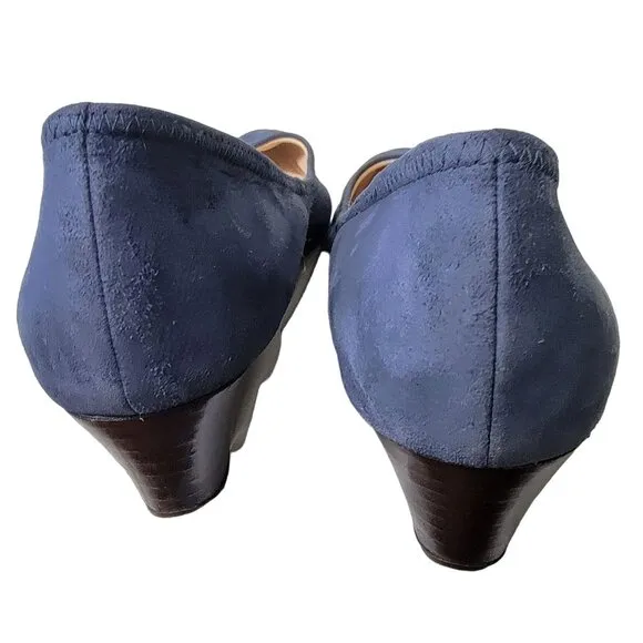 Cole Haan Leather Wedge Shoes Women 8.5 Blue Suede Loafer Slip On Cushioned 39