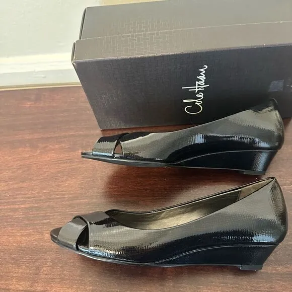 Cole Haan Women's black patent leather open peep toe pumps shoes size US 7,5