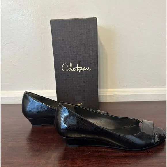 Cole Haan Women's black patent leather open peep toe pumps shoes size US 7,5