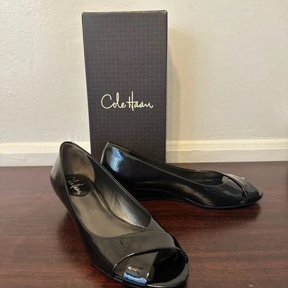Cole Haan Women's black patent leather open peep toe pumps shoes size US 7,5