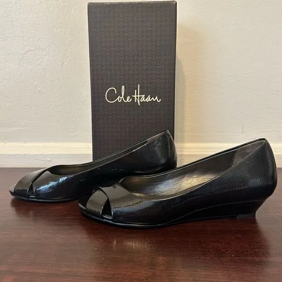 Cole Haan Women's black patent leather open peep toe pumps shoes size US 7,5