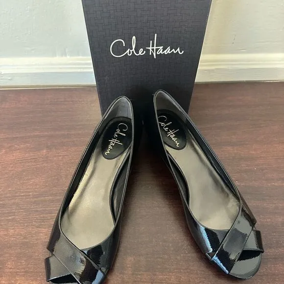 Cole Haan Women's black patent leather open peep toe pumps shoes size US 7,5