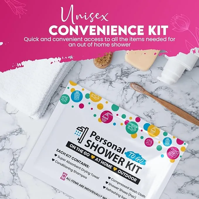 Compact Personal Shower Kit To-Go (Multi-Color) – Your Hygiene Companion for Travel, Gym, Camping | Shower on the Go | Shampoo, Soap, Towel. All in One (50)