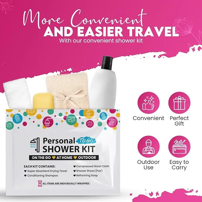 Compact Personal Shower Kit To-Go (Multi-Color) – Your Hygiene Companion for Travel, Gym, Camping | Shower on the Go | Shampoo, Soap, Towel. All in One (50)