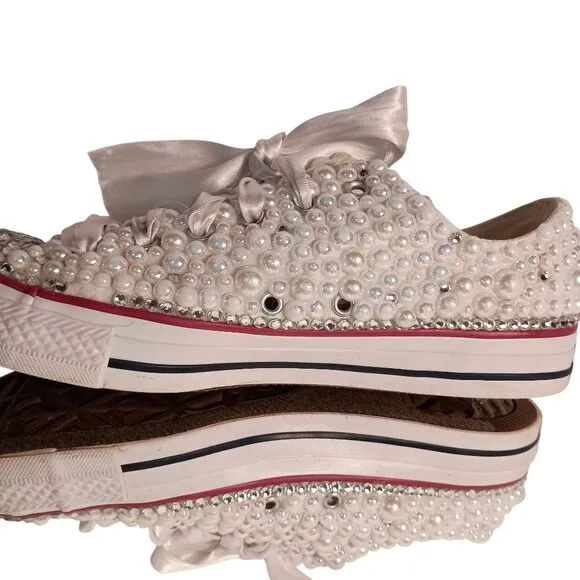 Converse All Star Bridal/Prom Pearls Rhinestones &amp; Ribbons Sneakers Size 9.5