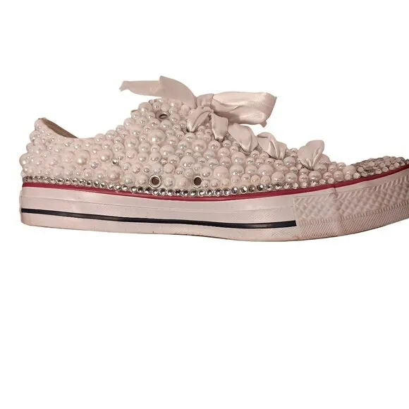 Converse All Star Bridal/Prom Pearls Rhinestones &amp; Ribbons Sneakers Size 9.5