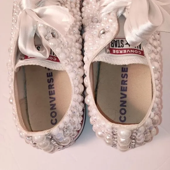 Converse All Star Bridal/Prom Pearls Rhinestones &amp; Ribbons Sneakers Size 9.5