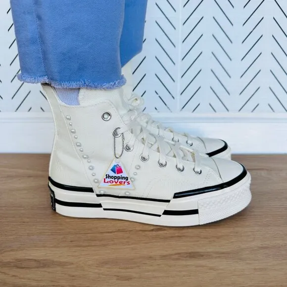 🤩CONVERSE Women Shoes Sz 8 Chuck 70 Plus Gems Rhinestones Pearls A10287C Cream