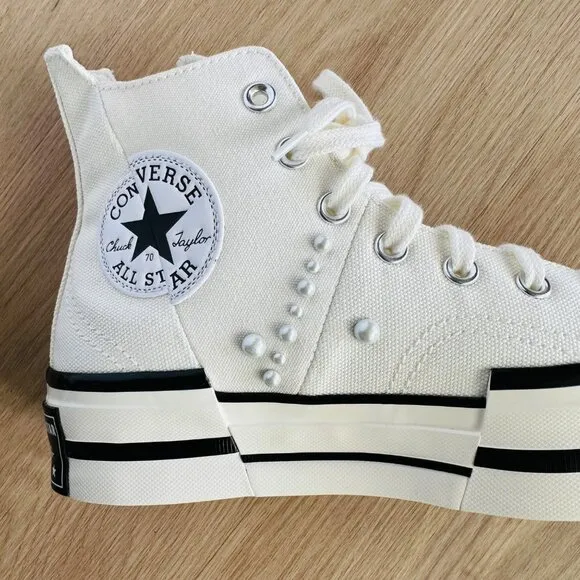 🤩CONVERSE Women Shoes Sz 8 Chuck 70 Plus Gems Rhinestones Pearls A10287C Cream