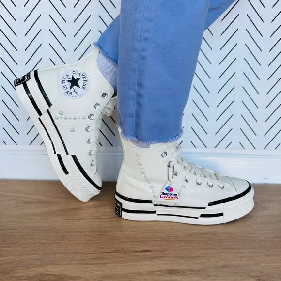 🤩CONVERSE Women Shoes Sz 8 Chuck 70 Plus Gems Rhinestones Pearls A10287C Cream