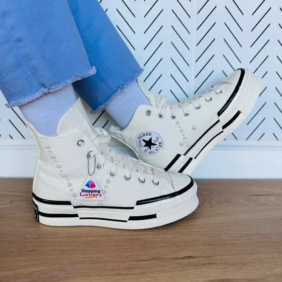 🤩CONVERSE Women Shoes Sz 8 Chuck 70 Plus Gems Rhinestones Pearls A10287C Cream