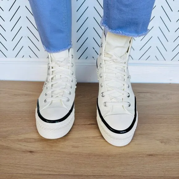 🤩CONVERSE Women Shoes Sz 8 Chuck 70 Plus Gems Rhinestones Pearls A10287C Cream