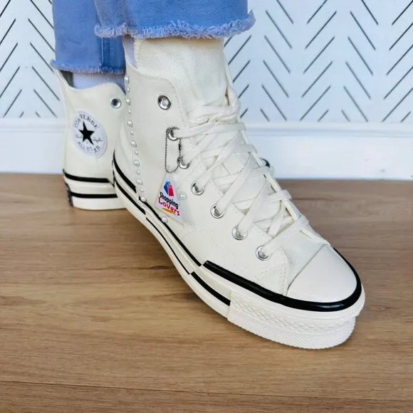 🤩CONVERSE Women Shoes Sz 8 Chuck 70 Plus Gems Rhinestones Pearls A10287C Cream