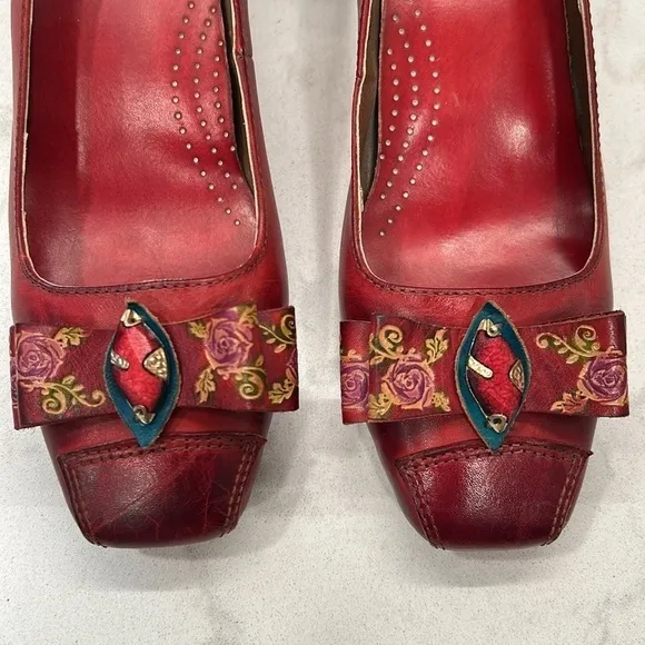 Corkys Women's Camellia Elite Pumps Shoes Red SZ 7 Leather Bow Block Heel