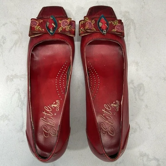 Corkys Women's Camellia Elite Pumps Shoes Red SZ 7 Leather Bow Block Heel