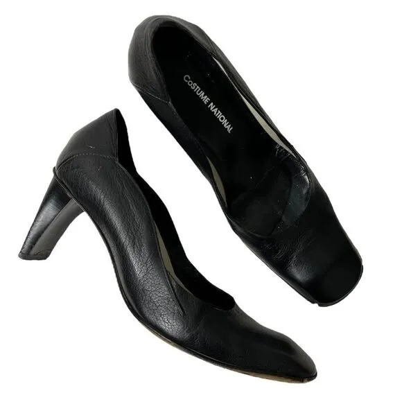 Costume National Black Leather Pumps US 6 36 Made in Italy 3” High Heels Shoes