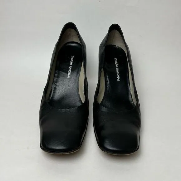 Costume National Black Leather Pumps US 6 36 Made in Italy 3” High Heels Shoes