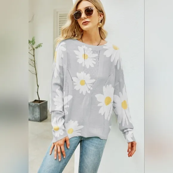 Daisy Knit Print Openwork Detail Lightweight Sweater Pullover Floral Retro Top