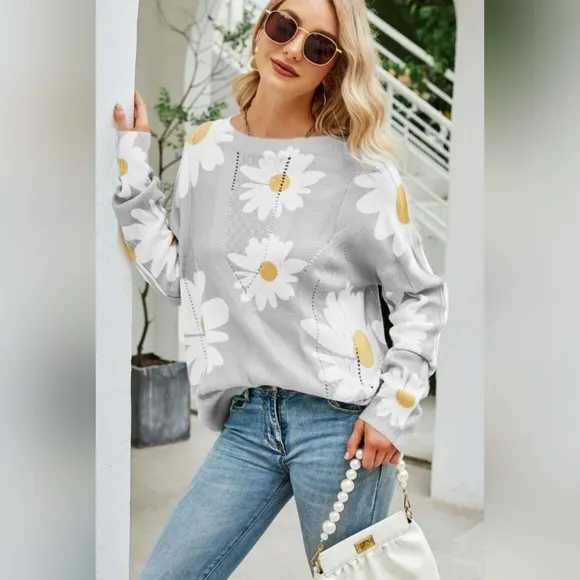 Daisy Knit Print Openwork Detail Lightweight Sweater Pullover Floral Retro Top