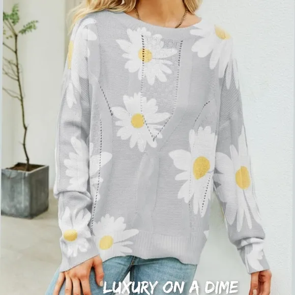 Daisy Knit Print Openwork Detail Lightweight Sweater Pullover Floral Retro Top