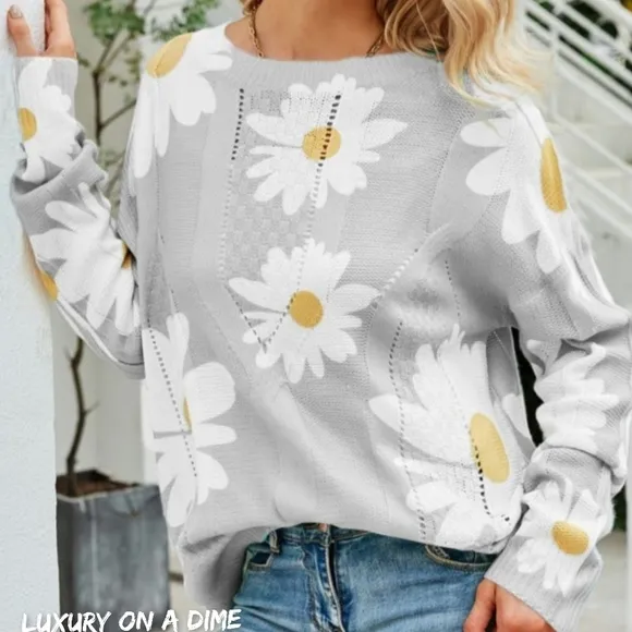 Daisy Knit Print Openwork Detail Lightweight Sweater Pullover Floral Retro Top