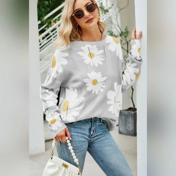 Daisy Knit Print Openwork Detail Lightweight Sweater Pullover Floral Retro Top