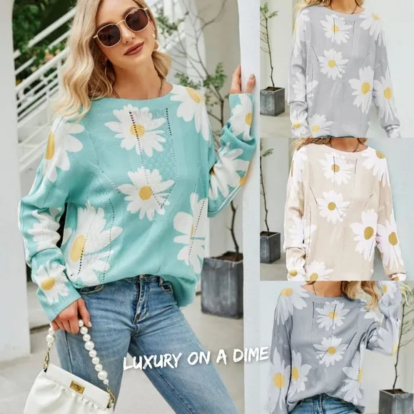 Daisy Knit Print Openwork Detail Lightweight Sweater Pullover Floral Retro Top