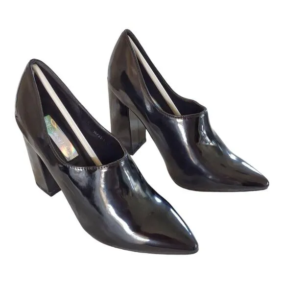 DAISY STREET Black Vamp Pump Faux Patent Leather Block Heel Size 7 Costume Clean