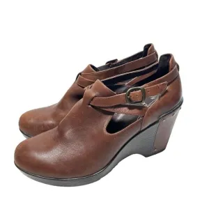 Dansko Franka Chocolate Brown Leather Buckle Ankle Bootie Wedges 40 Chunky Heels